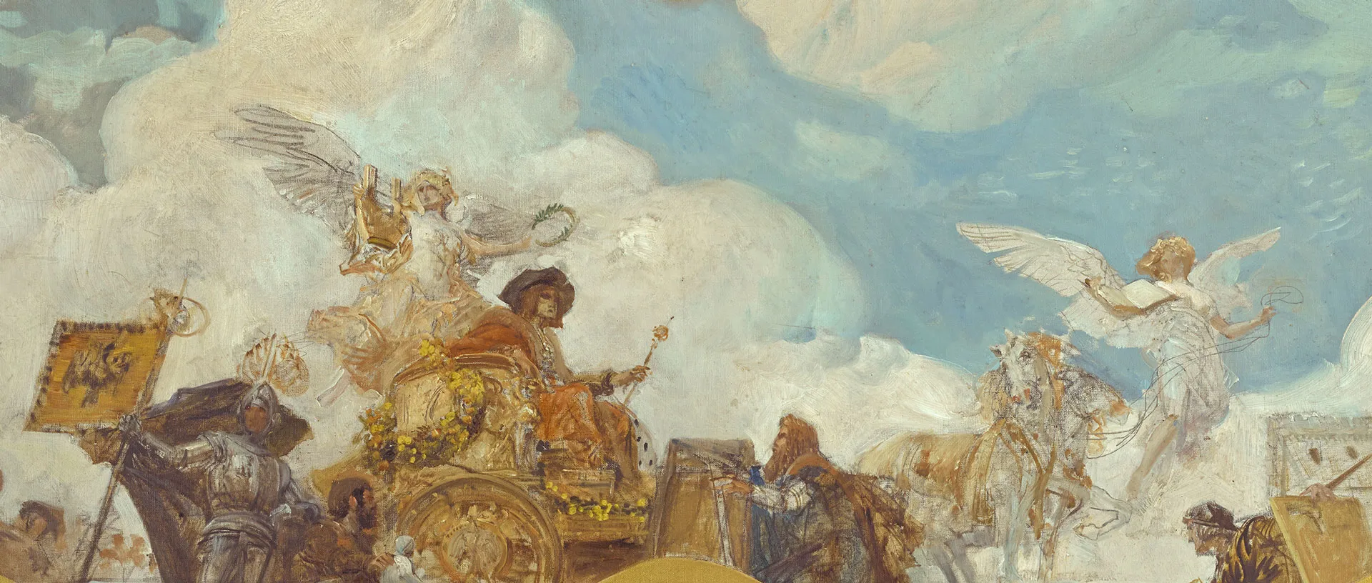 Gemälde, das Kaiser Maximilian I. auf einem Streitwagen zeigt, während er von einem Engel gekrönt wird