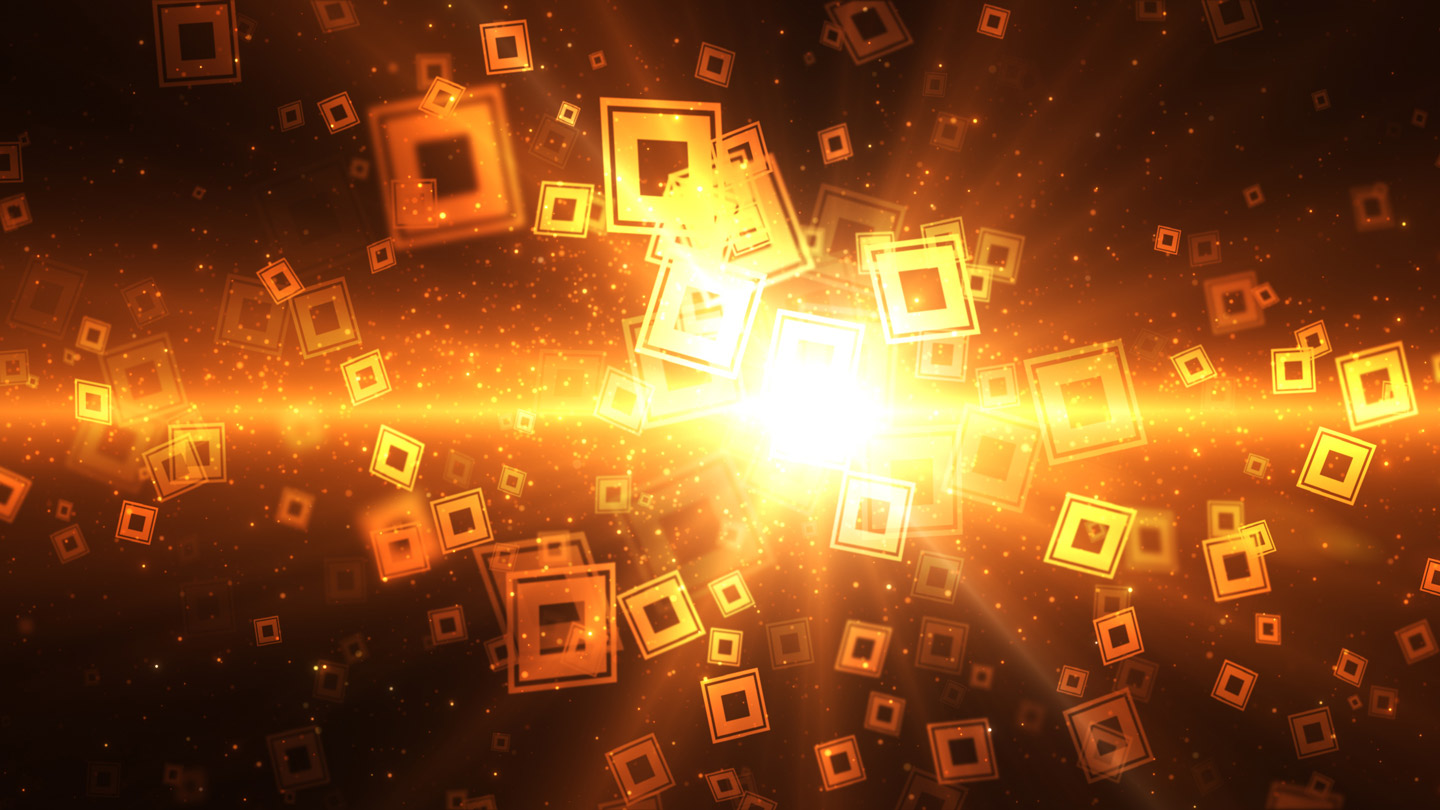 Computergenerierte Grafik mit einem Lichtblitz in der Mitte, rundherum befinden sich quadratische Objekte