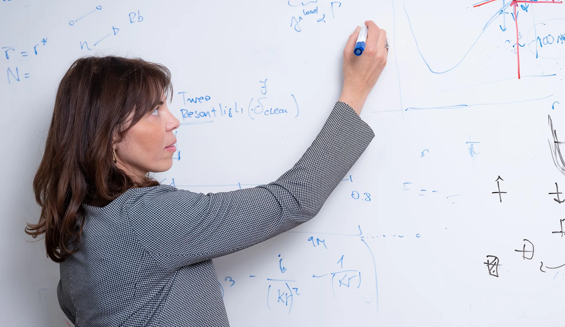 Die Forscherin schreibt mathematische Zeichen auf ein Whiteboard