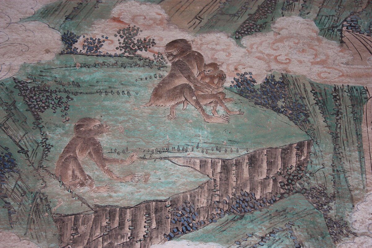 Wall painting depicting the mythological origin of the Tibetan people from a monkey and ogress. 